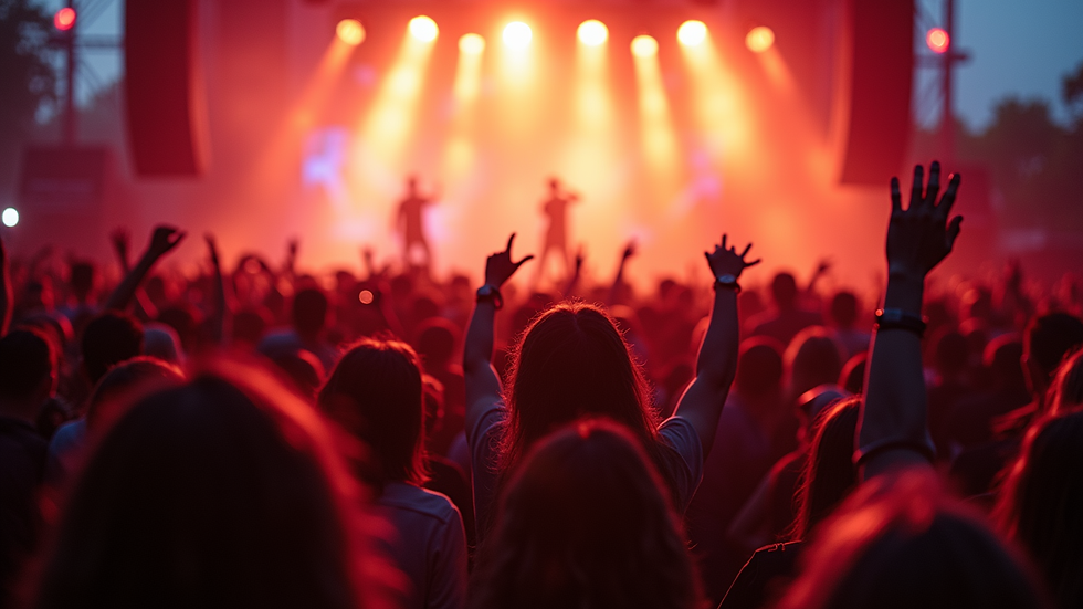 Eye-level view of a vibrant music festival crowd enjoying live performances