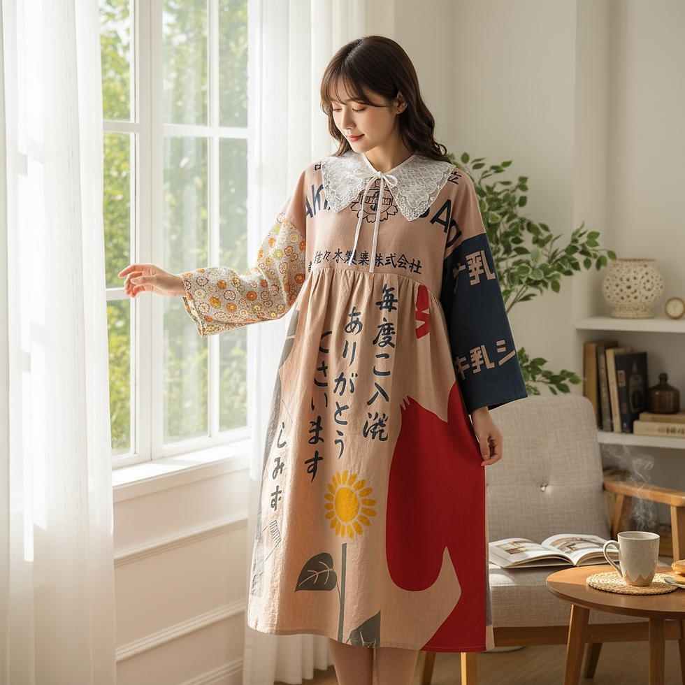 Thumbnail:  Vintage Bathhouse Curtain and Tenugui Persimmon dyed Tired Dress 
