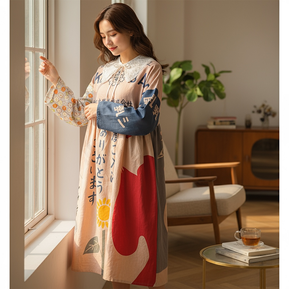 Thumbnail:  Vintage Bathhouse Curtain and Tenugui Persimmon dyed Tired Dress 