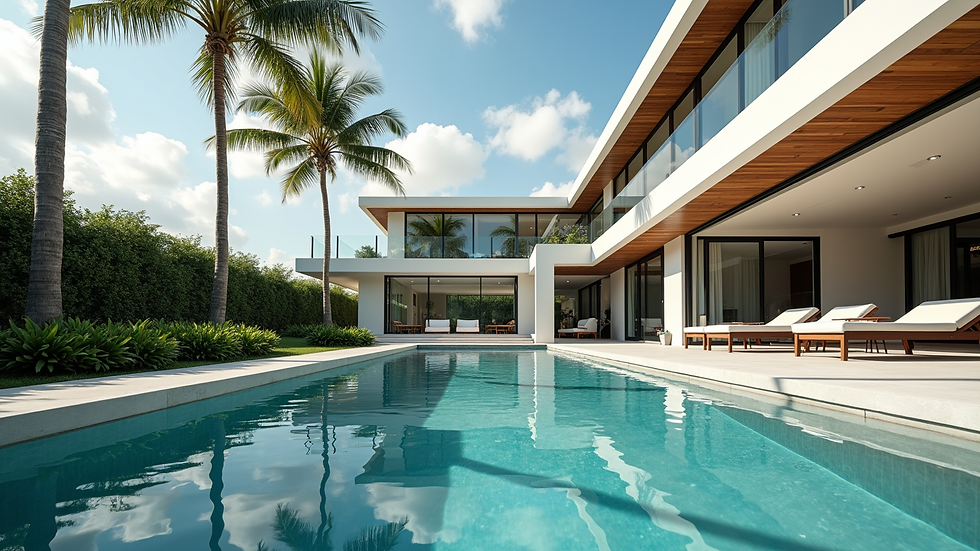 Eye-level view of a modern Miami luxury home exterior with pool and palm trees
