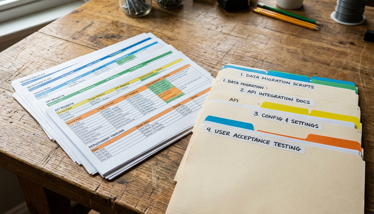 Close-up view of colour-coded spreadsheet printouts stacked beside labelled file folders