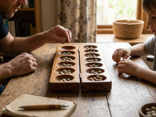 Un homme et un enfant jouent à l'awalé sur une table en bois, dans une pièce chaleureuse.