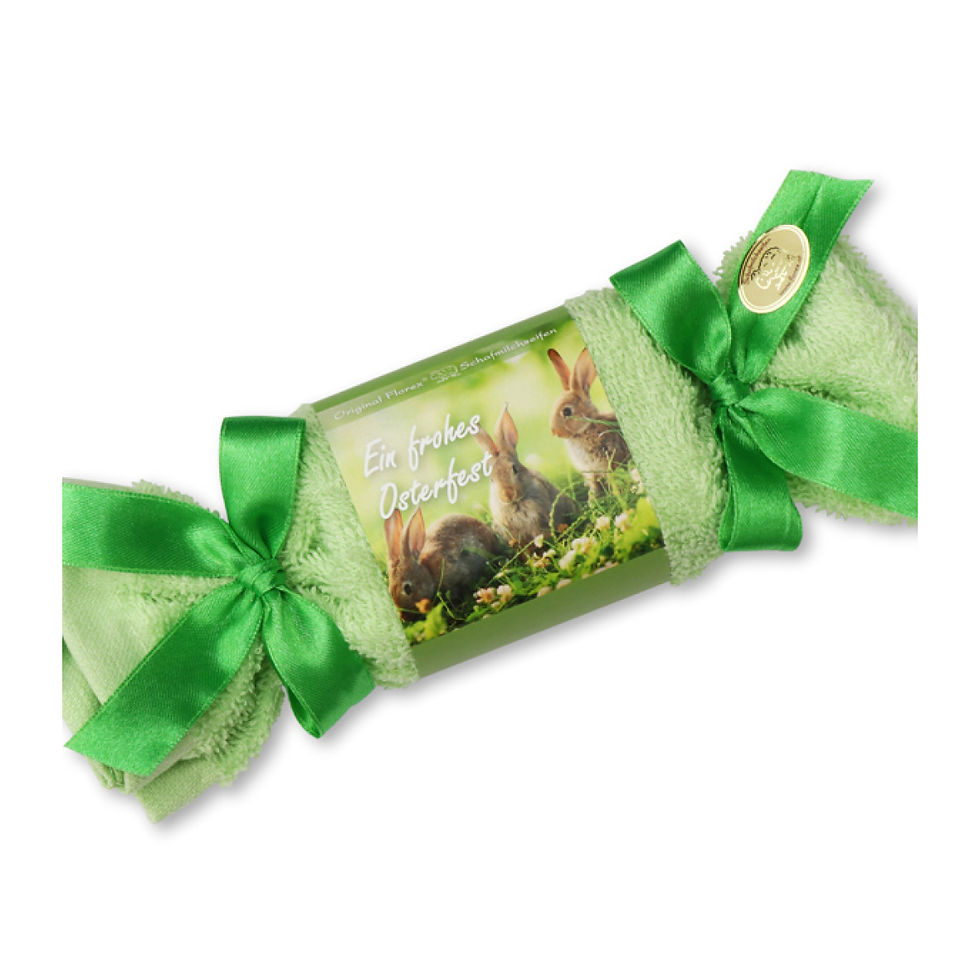 Florex: Schafmilchseife 100 g. Waschlappenzuckerl - "Frohes Osterfest" Apfel