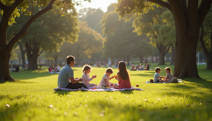 High angle view of families enjoying a picnic in Golden Gate Park on a sunny day