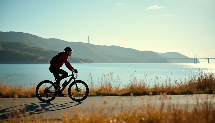 Eye-level view of a cyclist riding along the Bay Trail with water and hills in the background