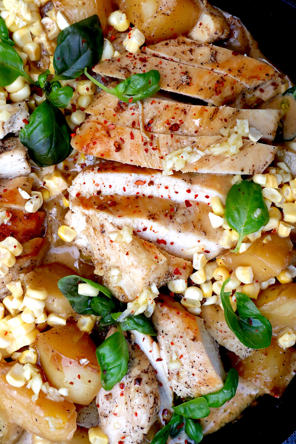one skillet seared chicken with creamy corn & potatoes