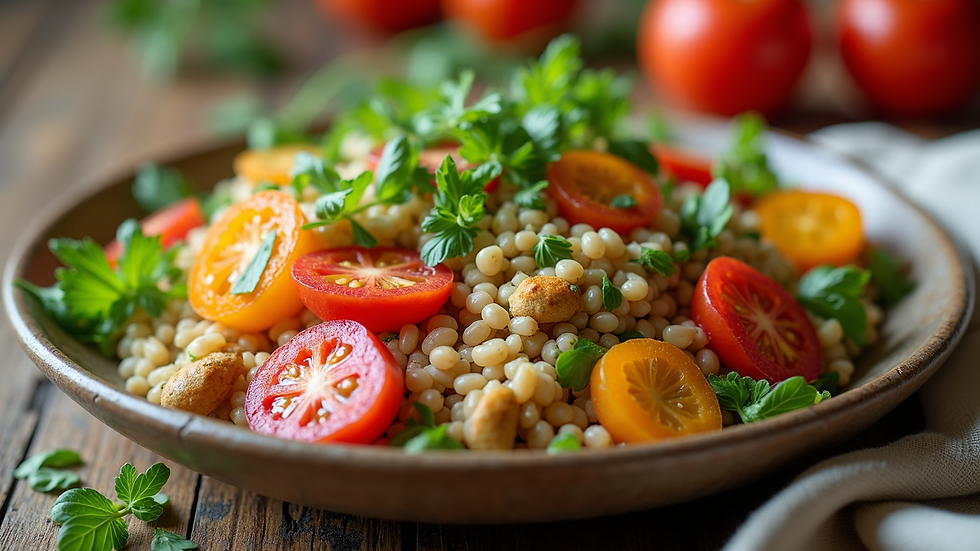 Close-up of a healthy meal prepared with fresh vegetables and grains