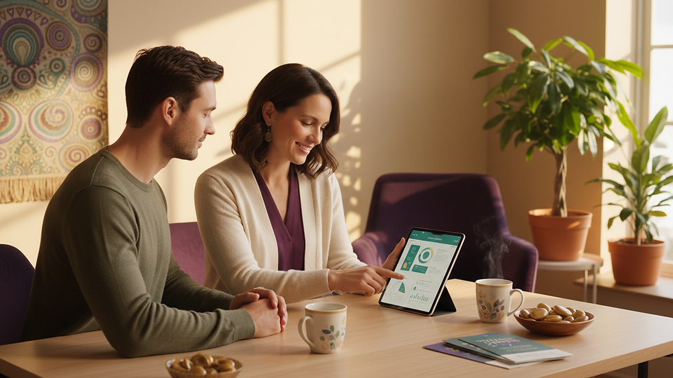 Eye-level view of a health consultant discussing health assessment results with a patient