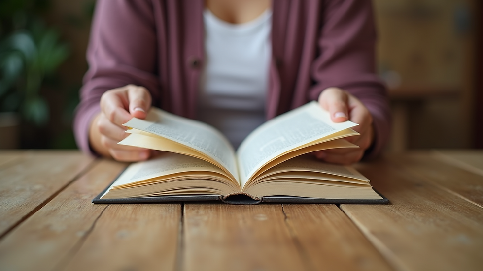 Eye-level view of a person reading a health book on a wooden table
