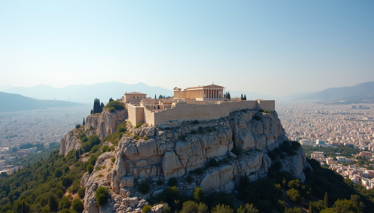 Eye-level view of the Athenian Acropolis under clear blue sky