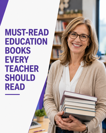 Teacher standing in the foreground with books.