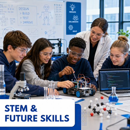 Students wearing safety glasses building and programming a robotic vehicle in a school science lab.