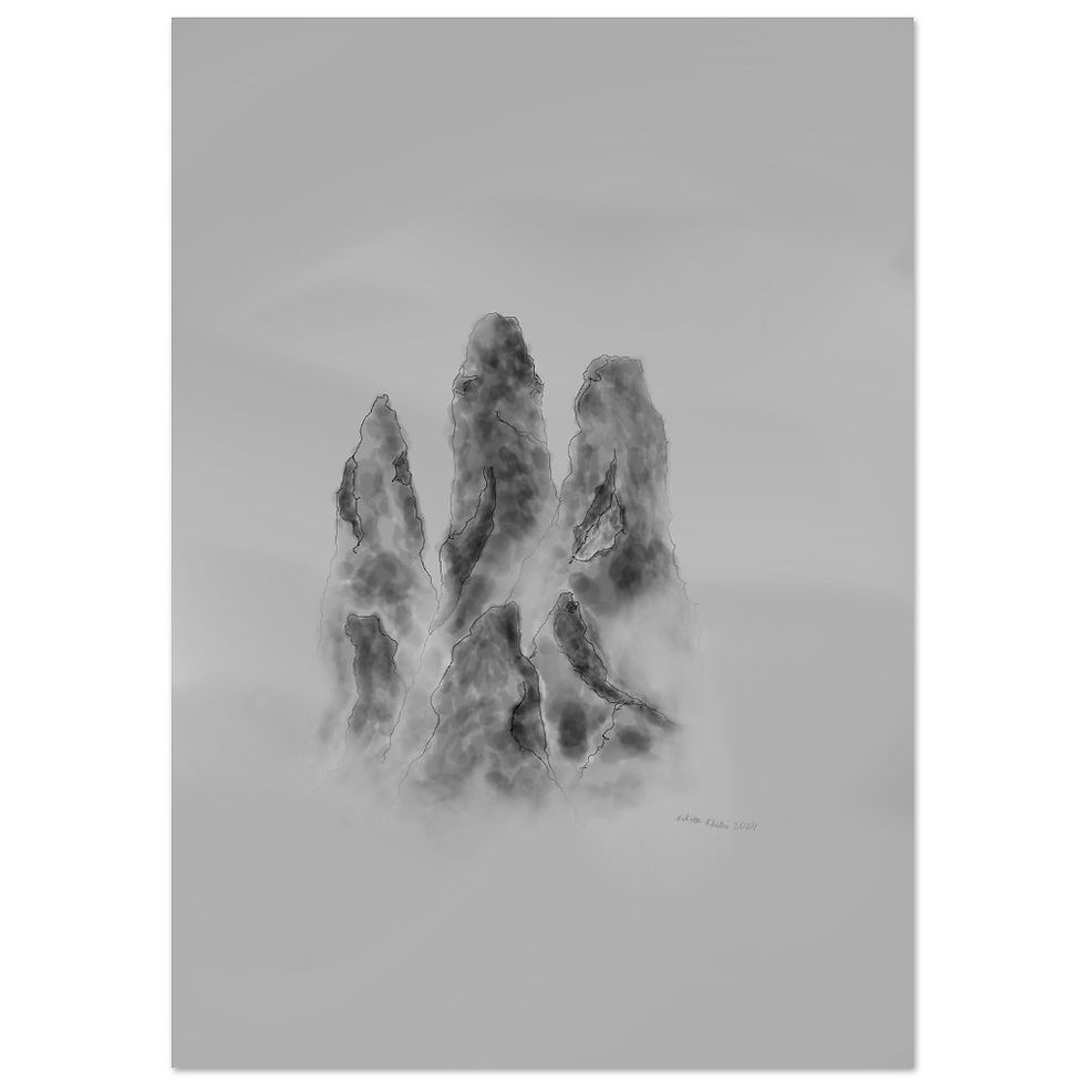 Minimalist poster of misty peaks