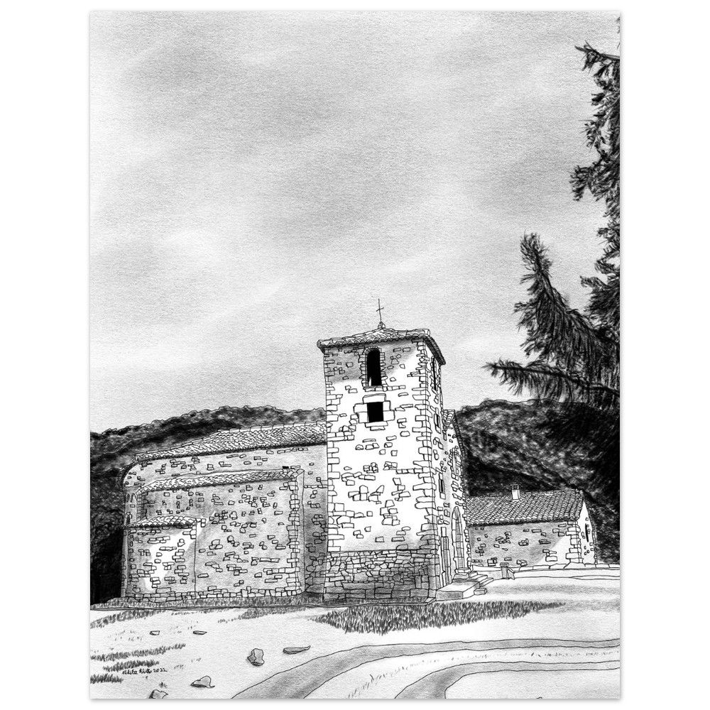 Black-and-white minimalist wall art poster of Sant Pere de Valldaneu, Catalonia, showcasing serene architectural beauty
