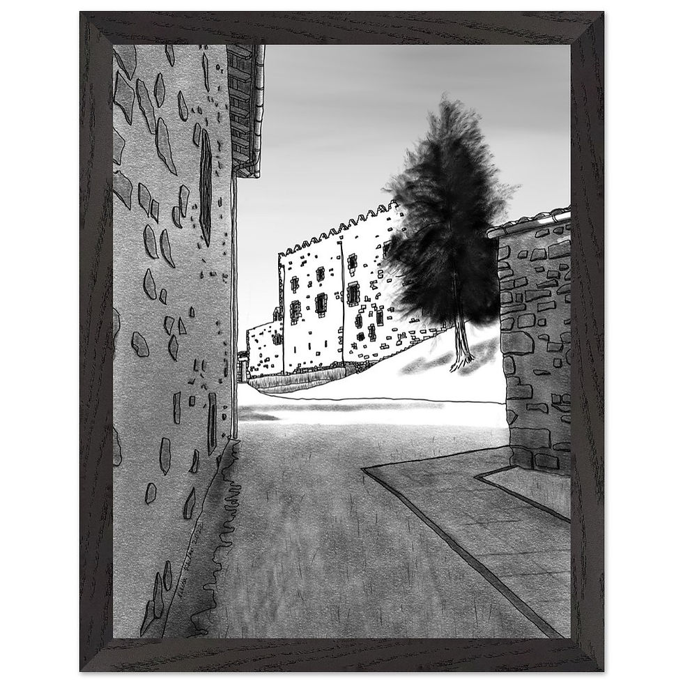 Castell de Montesquiu framed historic poster in a black wooden frame.