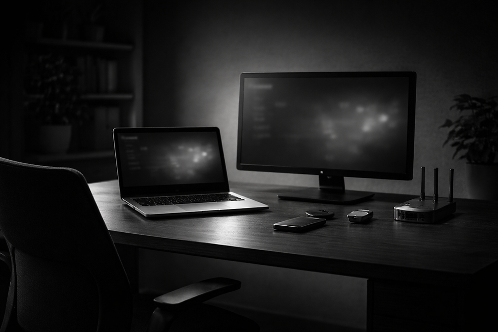 Black and white image of a desk with a laptop, monitor, phone, and router. Minimalist setup, blurred screen content, soft lighting.