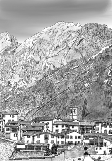 A dense cluster of stone structures shaped by terrain and time.
The composition focuses on texture and layering, capturing the weight and irregularity of rural architecture.
