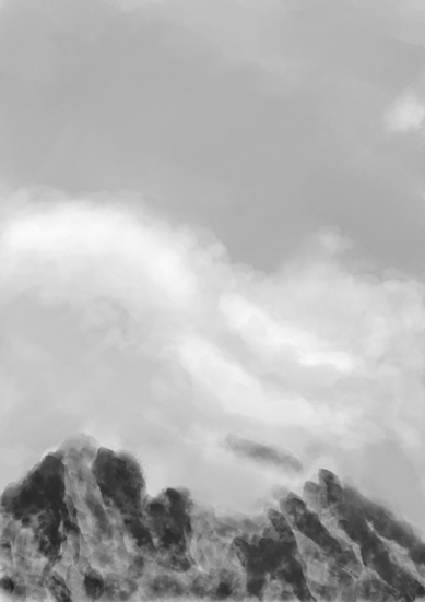 A distant ridge appears through dense atmospheric layers, softened by clouds and light. The scene feels suspended in time, as if sound itself is absorbed by the landscape.