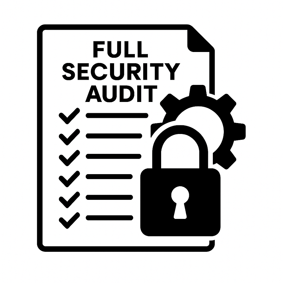 Icon showing full security audit checklist with checkmarks, padlock, and gear symbol.