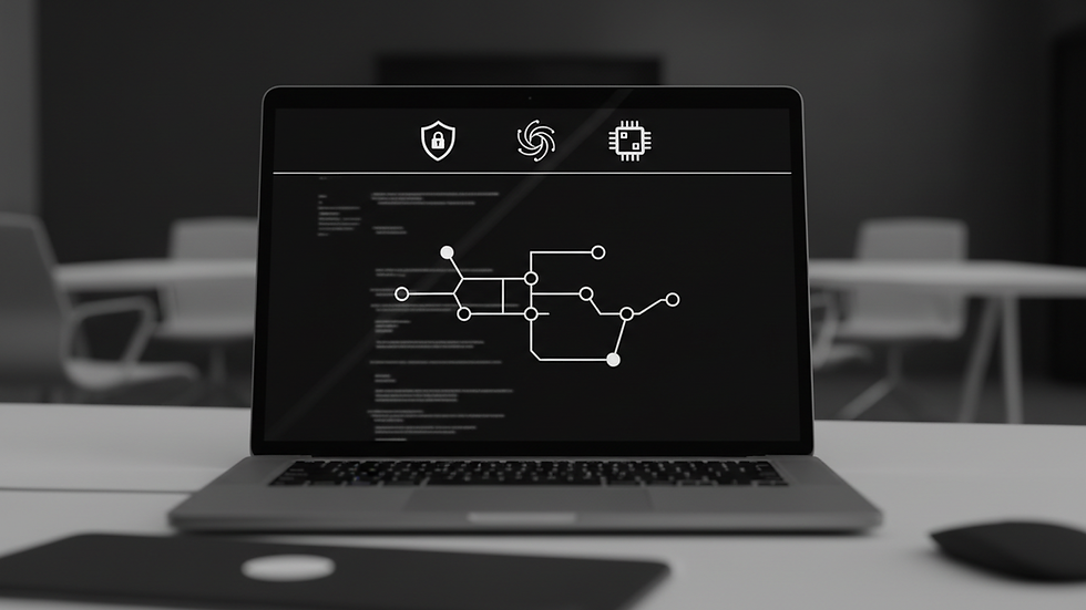 Laptop on a desk shows a dark cybersecurity interface with code, network nodes, shield and chip icons in a modern office