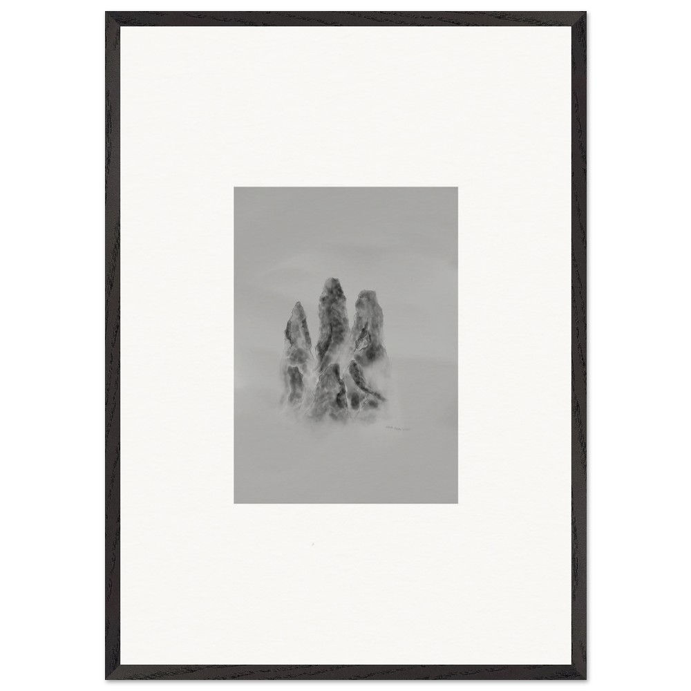 Three Peaks Dreamscape minimalist framed wall art with white mat and black wooden frame, calm landscape illustration. Size A1