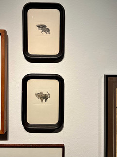 Two surreal animal illustrations in vintage black frames at the Bestiari exhibition, blending imagination and nature.