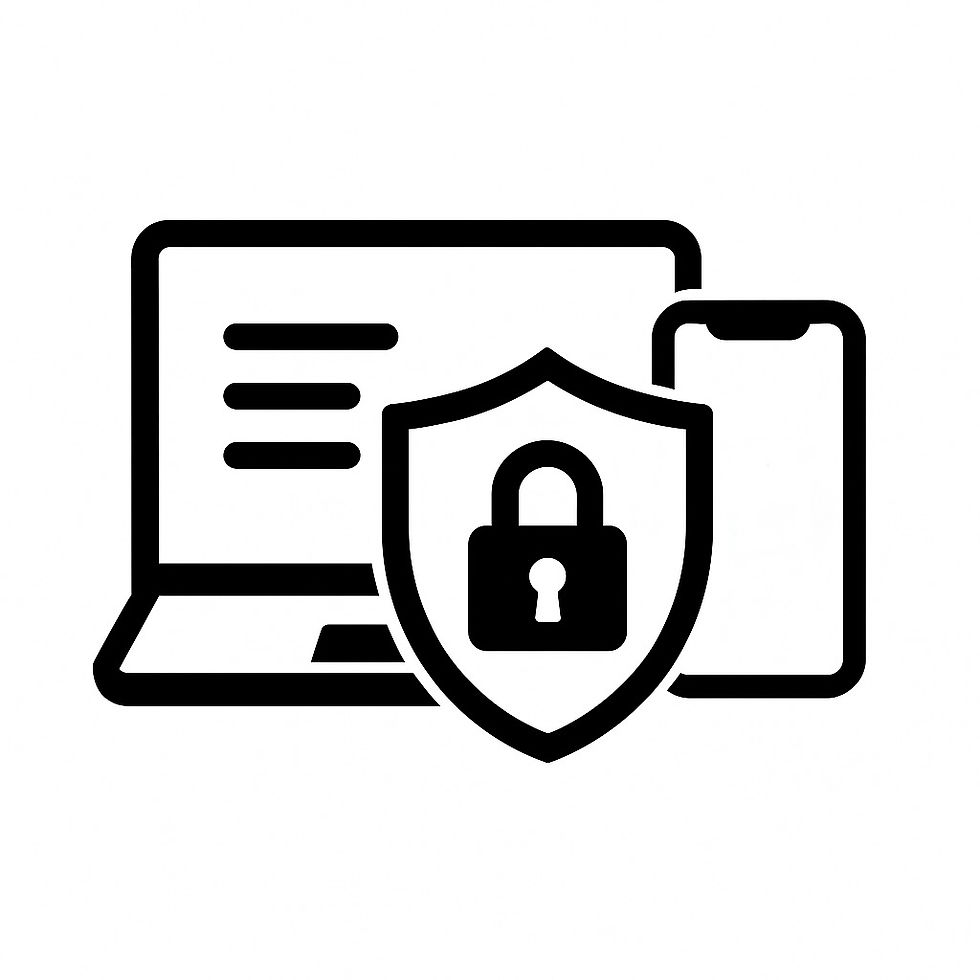 Black and white icon of a MacBook and iPhone with a shield and lock, representing complete Apple device security for business