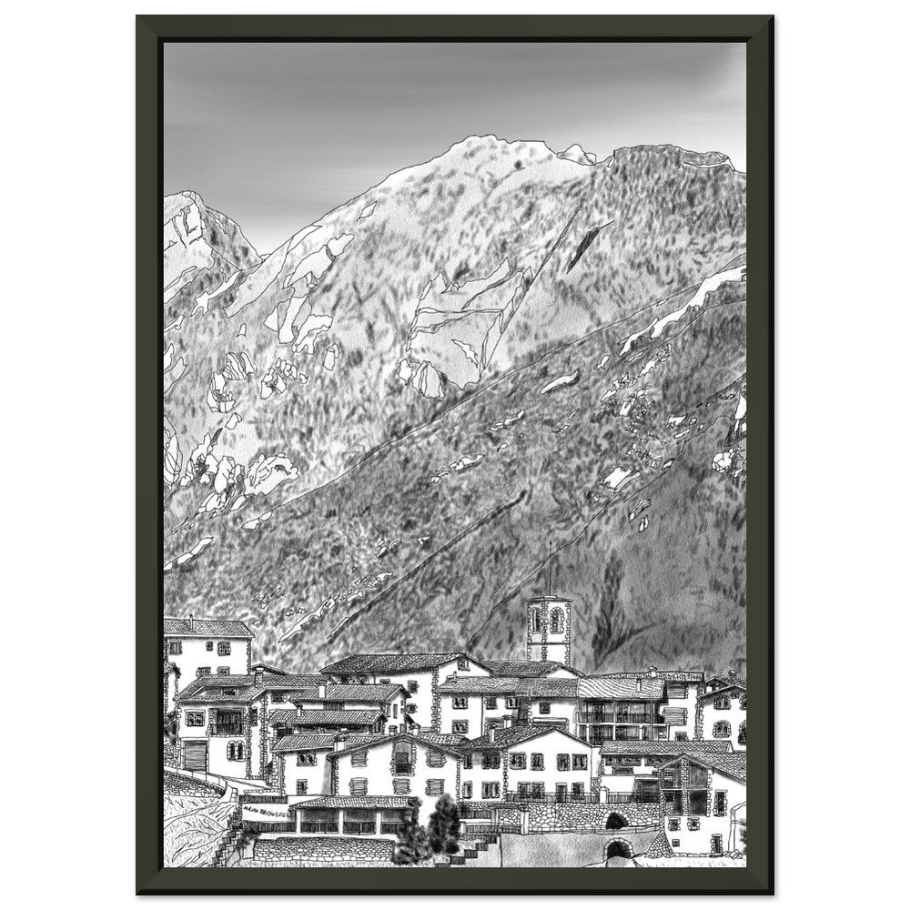 Historic landscape print of Maçaners in a black metal frame.