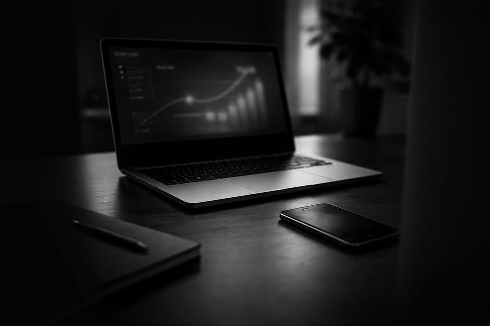 A laptop displaying a graph, a smartphone, and a notebook with a pen sit on a dark desk in a dimly lit room, creating a focused mood.