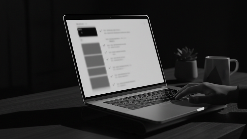 Hand typing on a laptop showing a blurred checklist on a dark desk, with a mug and plant in the background, moody and focused.