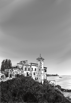 A coastal structure defined by contrast between solid form and open horizon.
The composition captures the tension between architecture and sea, creating a calm yet slightly dramatic atmosphere.
