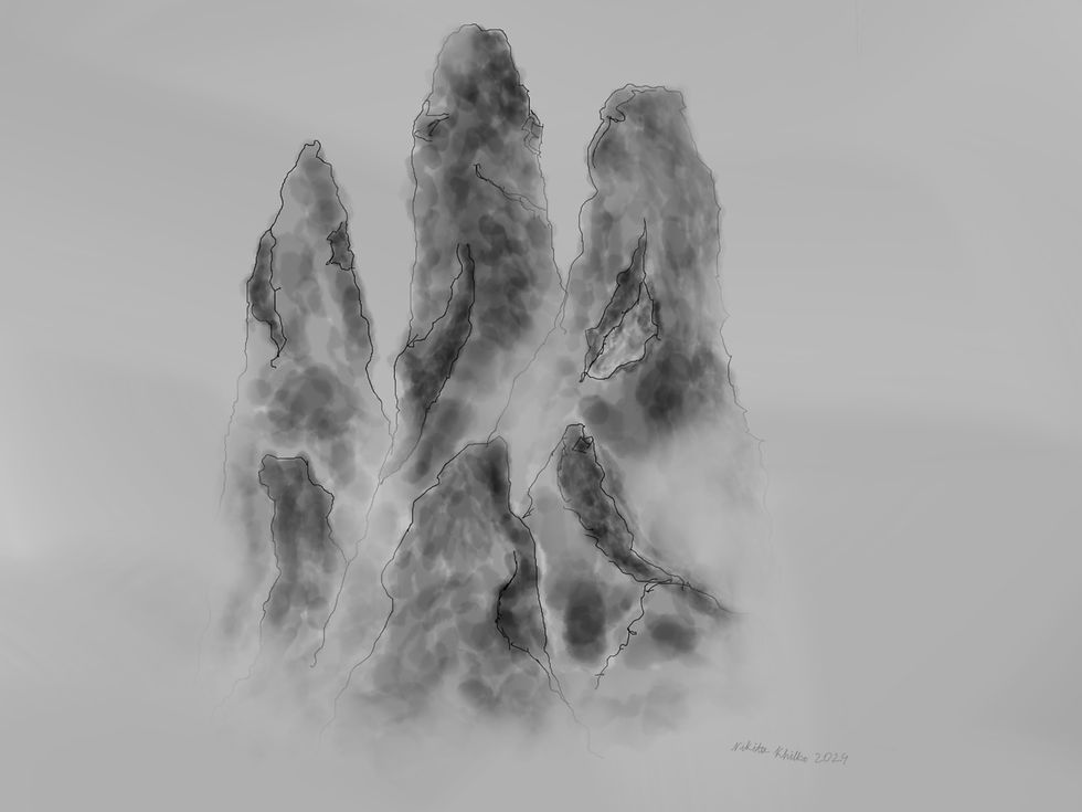 Ink-style digital illustration of three mountain peaks emerging from mist in a minimalist black and white composition.