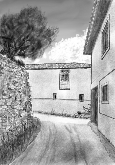 A study of a rural corner in Quintela, Lalín, capturing the relationship between built structures and surrounding nature.