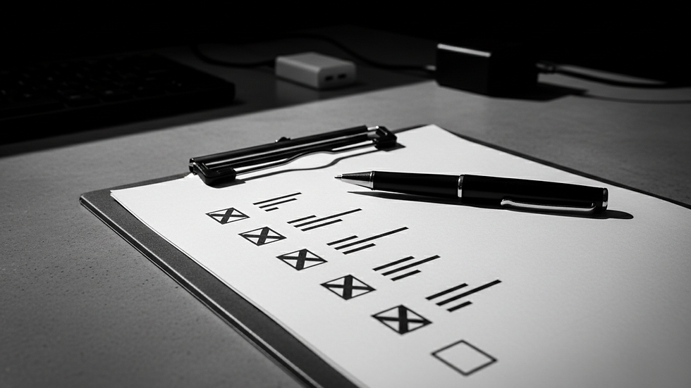 Clipboard with a checklist and pen on a dark desk, lit in black-and-white, suggesting a quiet office task.