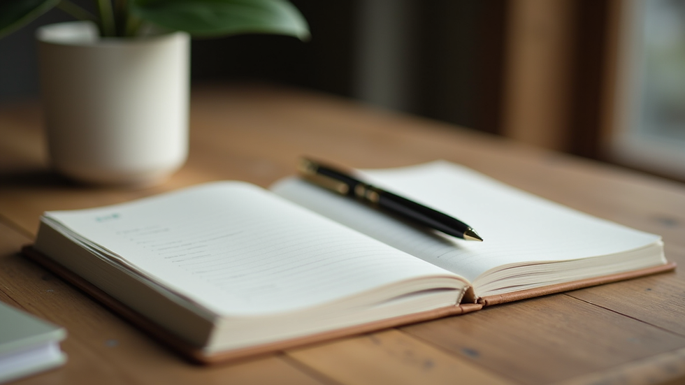 Close-up view of a journal and pen on a wooden table