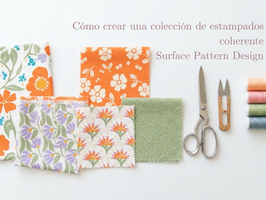 Mesa blanca con retazos de telas que muestran distintos estampados de la colección Happy Bloom