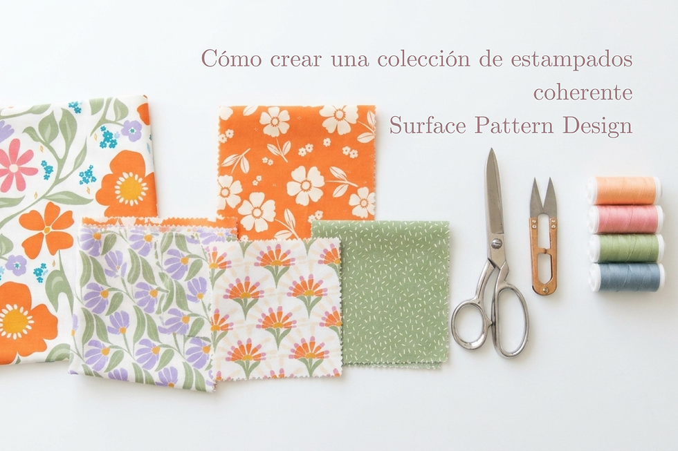 Mesa blanca con retazos de telas que muestran distintos estampados de la colección Happy Bloom
