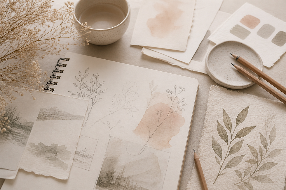 Bocetos artísticos y notas creativas sobre una mesa de trabajo cálida, representando un proceso creativo en desarrollo.