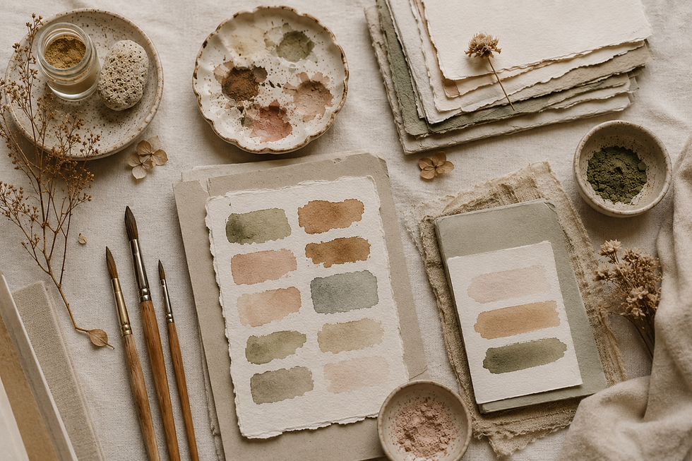 Materiales artísticos, muestras de color y elementos naturales organizados en una composición cálida y serena sobre una mesa de trabajo.