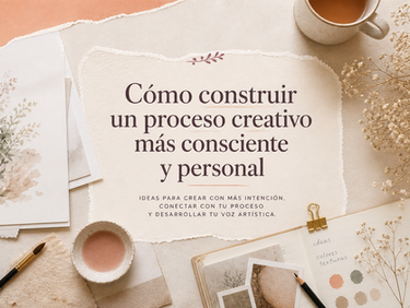 Espacio creativo con cuaderno, materiales artísticos y elementos naturales en tonos suaves, representando un proceso creativo consciente y personal.