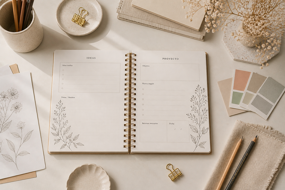 Cuaderno creativo abierto con planificación artística, notas y materiales organizados sobre un escritorio minimalista y cálido.