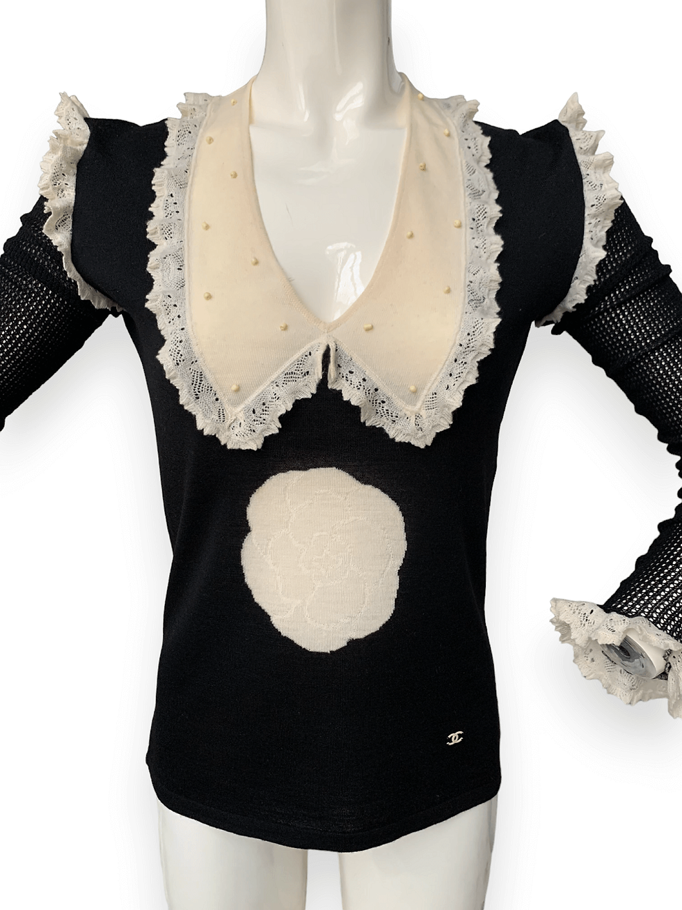 Thumbnail: chanel 90s Black ivory sweater pullover camellia lace
