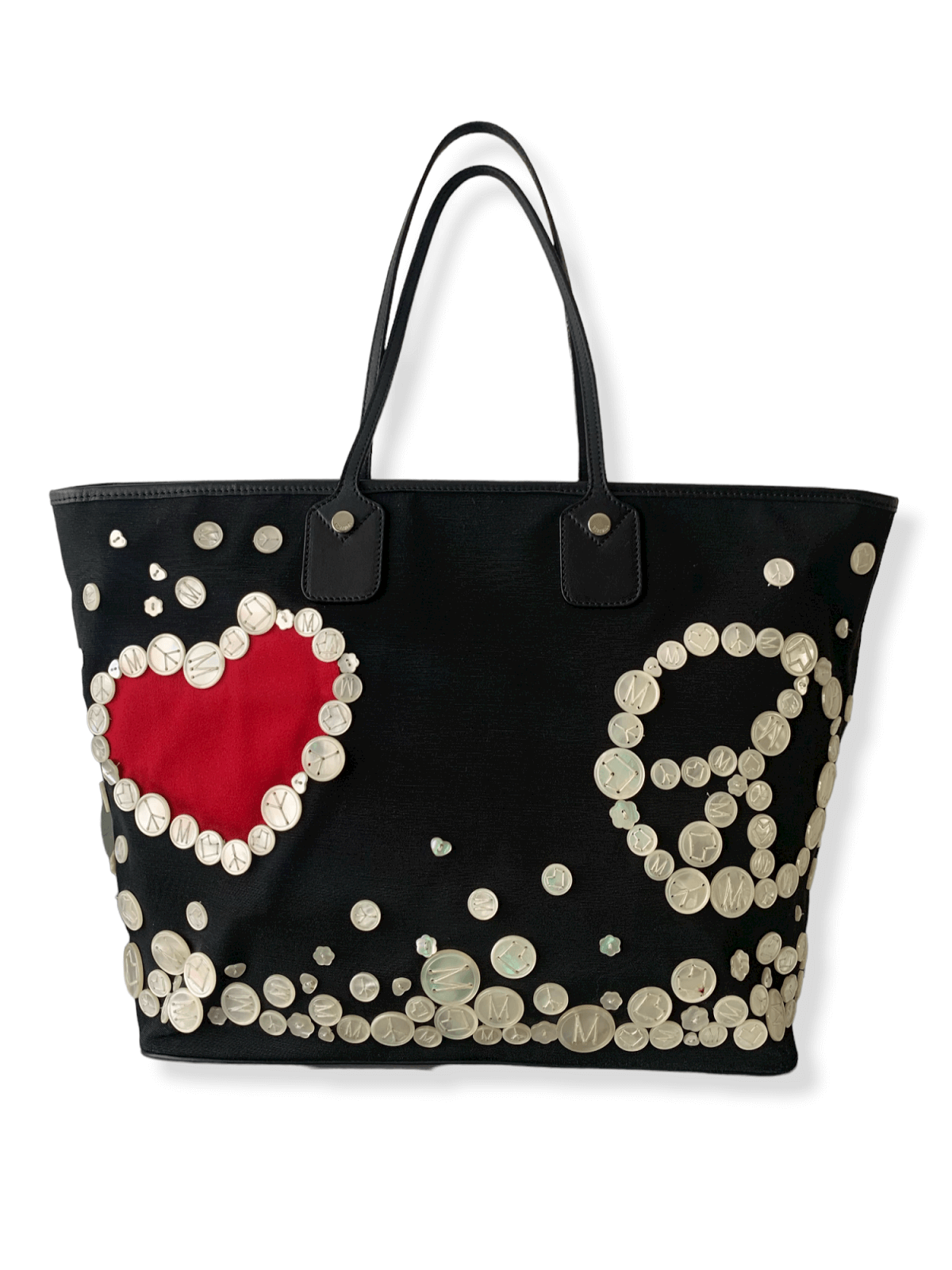 Moschino 90s Black Tote Bag Red Heart and Pearl Buttons