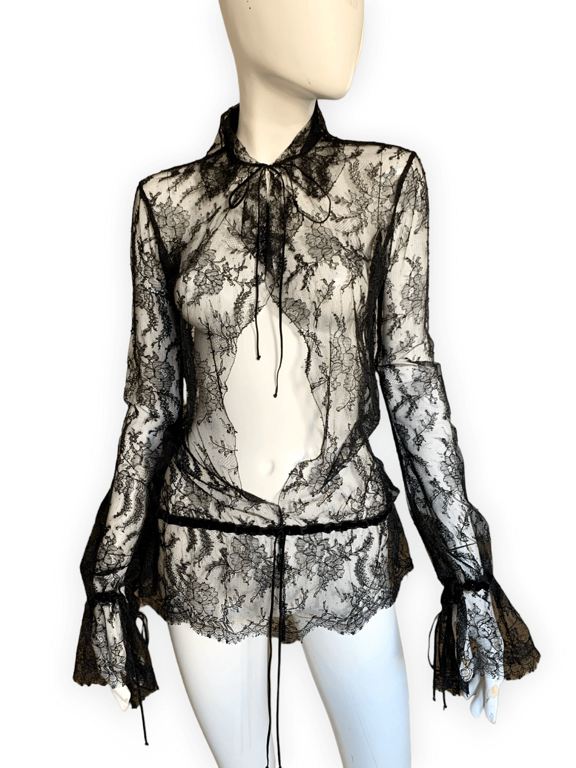 CHANEL 04A Black Lace Long Sleeve Top Blouse