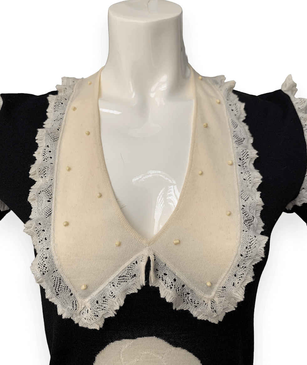 Thumbnail: chanel vintage black wool sweater pullover ivory lace collar