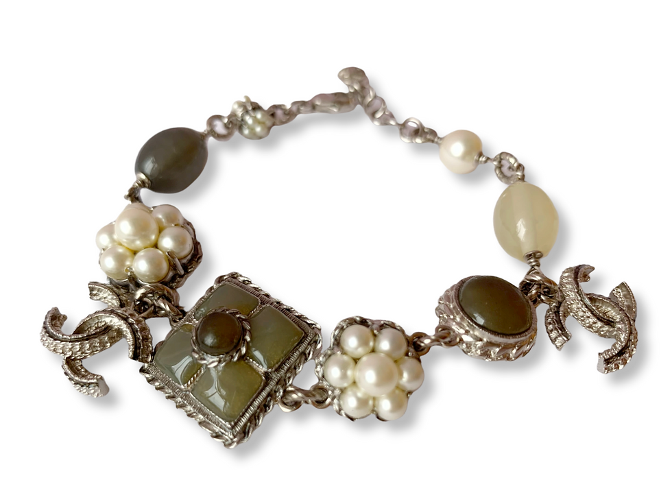 Thumbnail: CHANEL Fall Winter 2013 Silver Coco Marked Grey Gripoix Pearls Bracelet