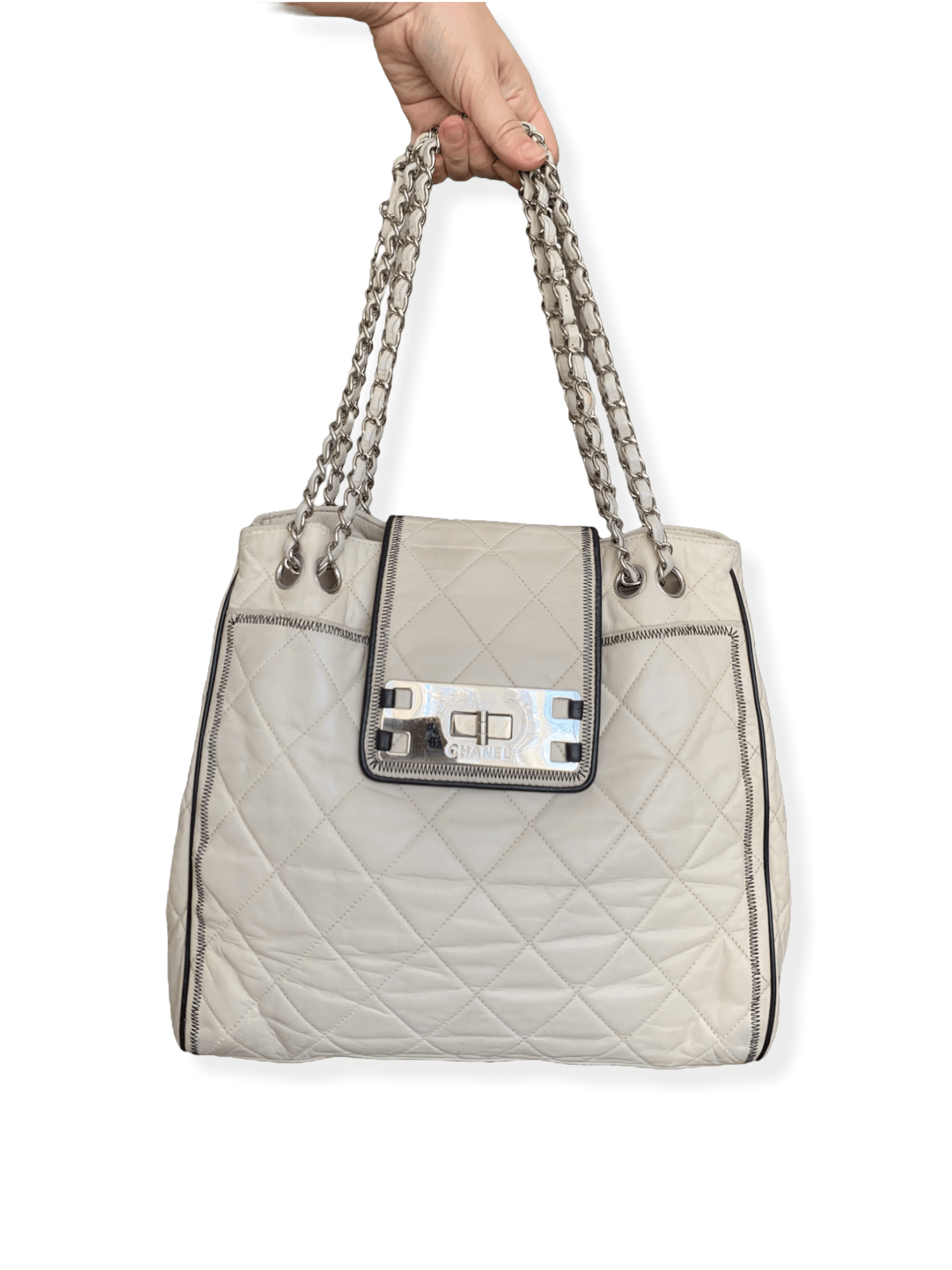 Chanel East West ivory leather tote bag