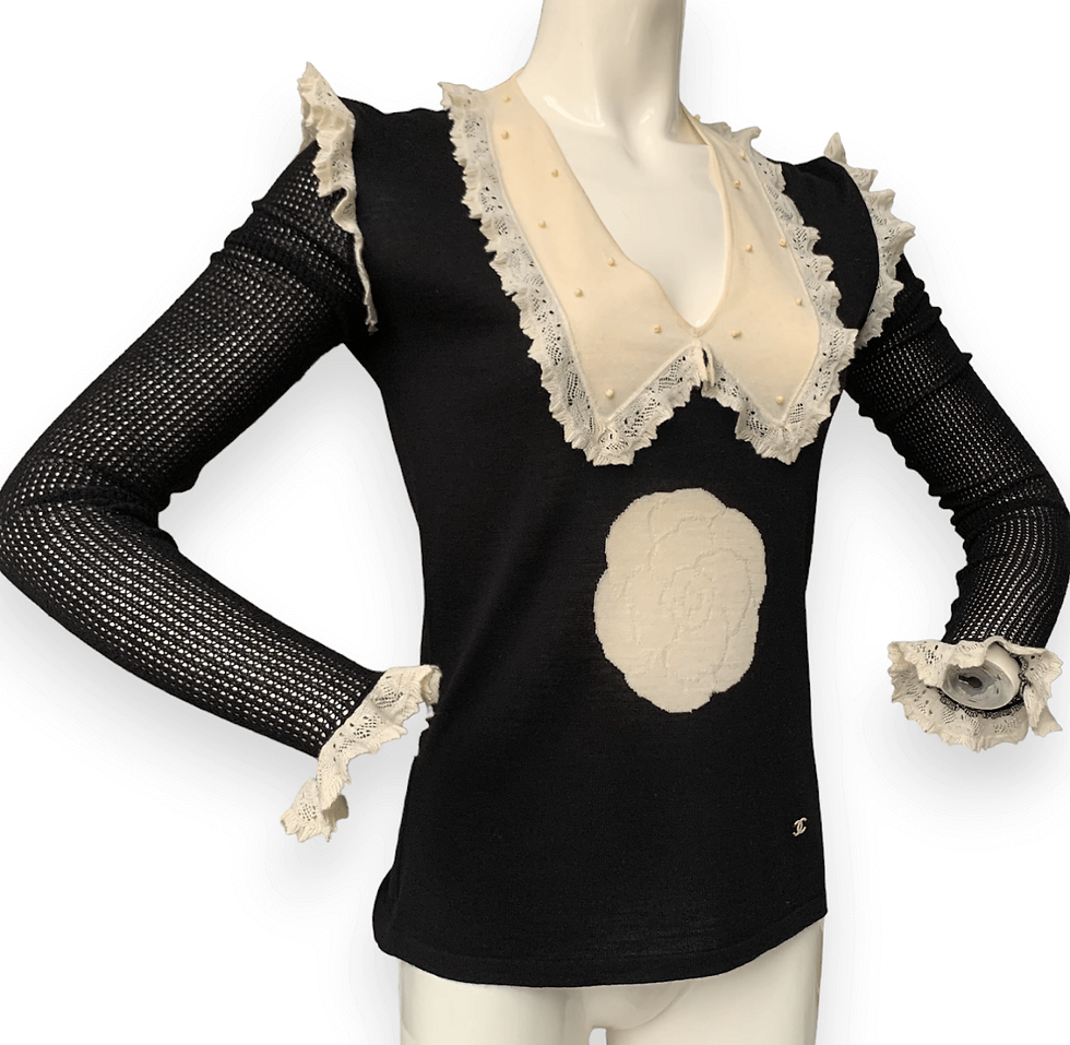 Thumbnail: chanel vintage black knitted pullover sweater camellia flower
