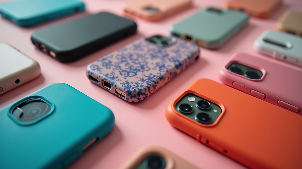 Close-up view of a collection of stylish phone cases in various colors and designs