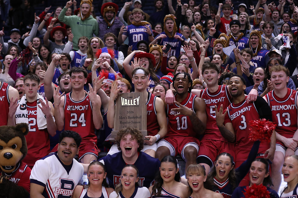 Belmont men's basketball celebrates with the cheer team and the M.O.B. (Nick Rampe)